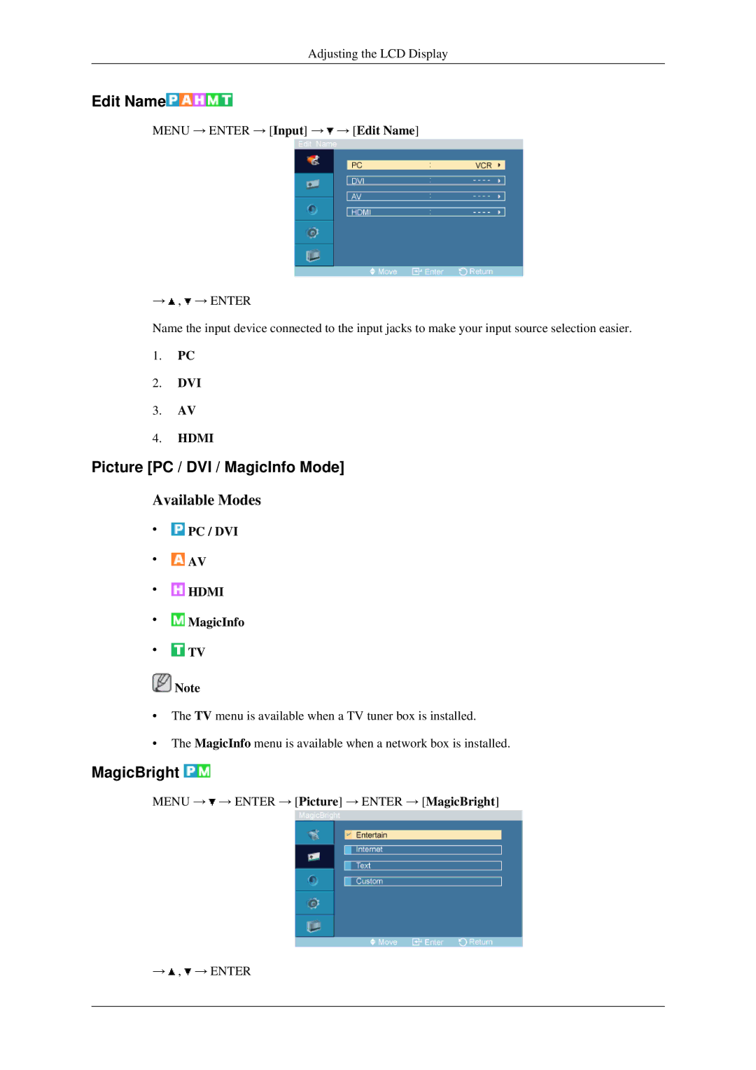 Samsung 460MXN, 400MXN user manual Edit Name, Picture PC / DVI / MagicInfo Mode, MagicBright 