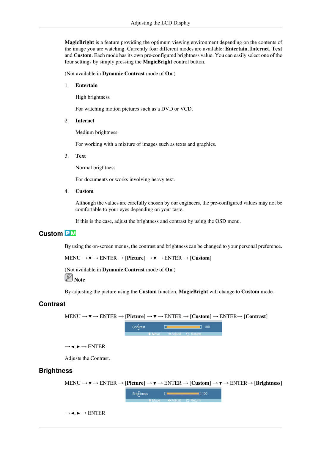 Samsung 460MXN, 400MXN user manual Custom, Contrast, Brightness 