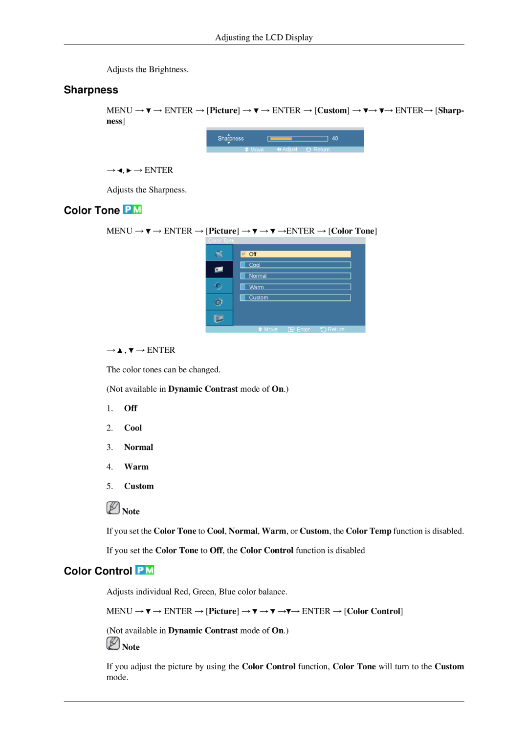 Samsung 400MXN, 460MXN user manual Sharpness, Color Tone, Color Control, Off Cool Normal Warm Custom 