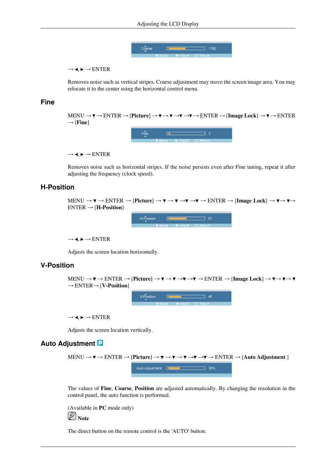 Samsung 460MXN, 400MXN user manual Auto Adjustment, → Fine, → ENTER→ V-Position 