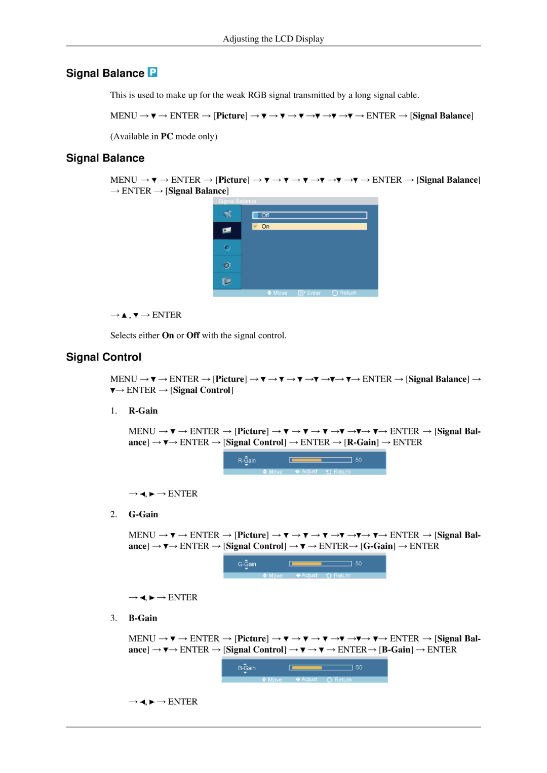 Samsung 460MXN, 400MXN user manual Signal Control, → Enter → Signal Balance, Gain 