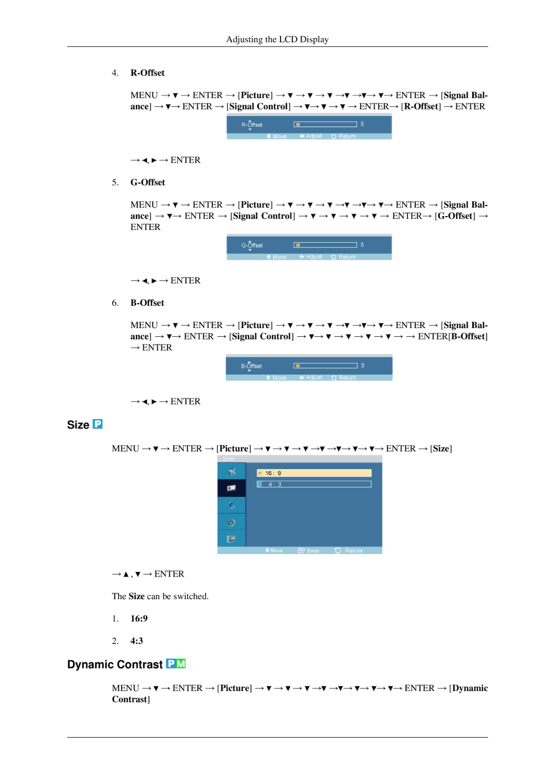 Samsung 400MXN, 460MXN user manual Size, Dynamic Contrast, Offset 