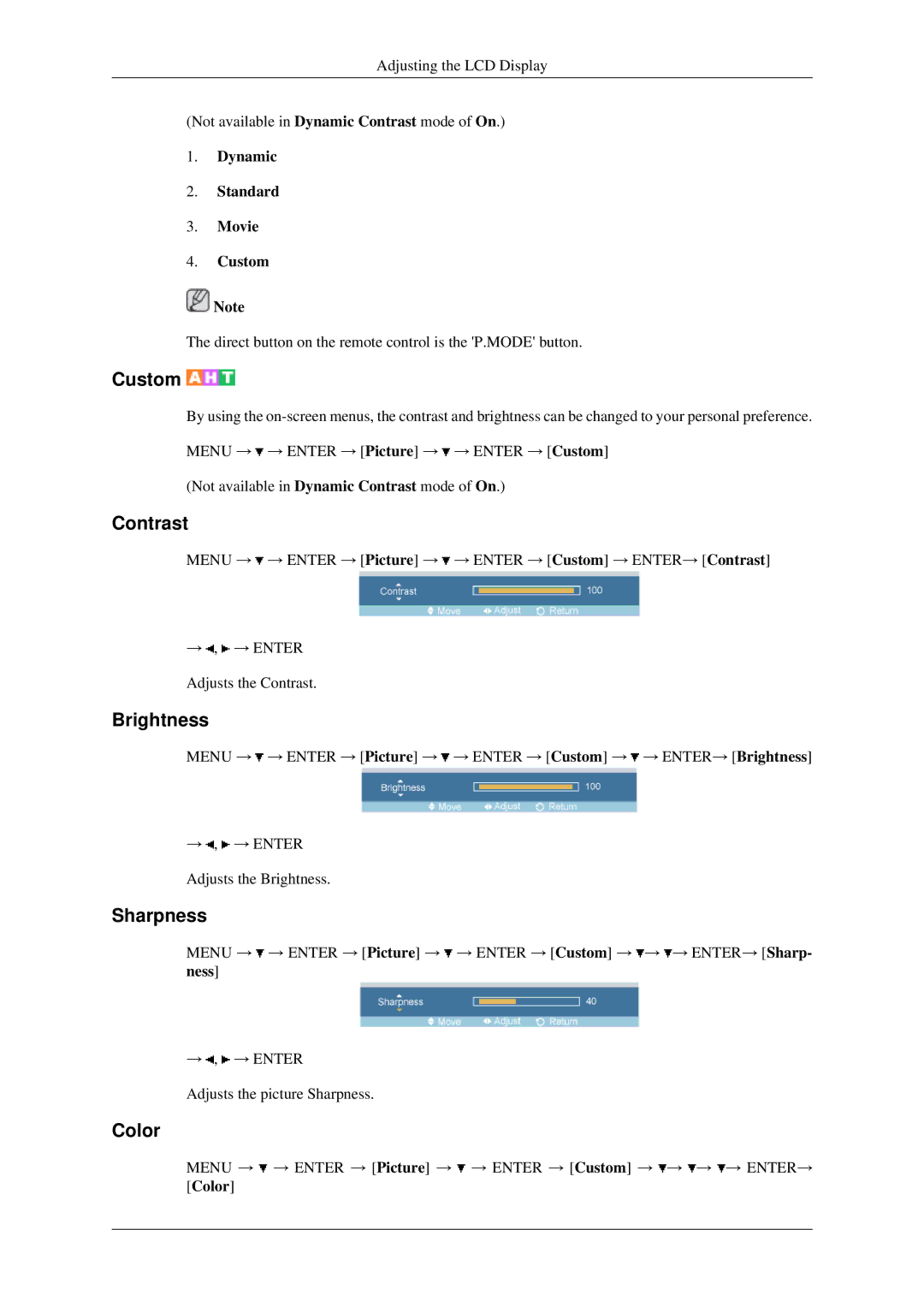 Samsung 460MXN, 400MXN user manual Color, Dynamic Standard Movie Custom 