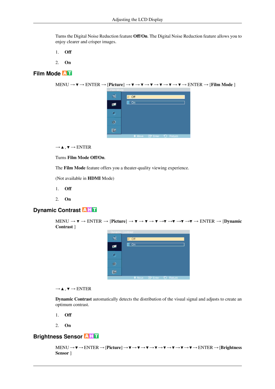 Samsung 460MXN, 400MXN user manual Brightness Sensor, Turns Film Mode Off/On 