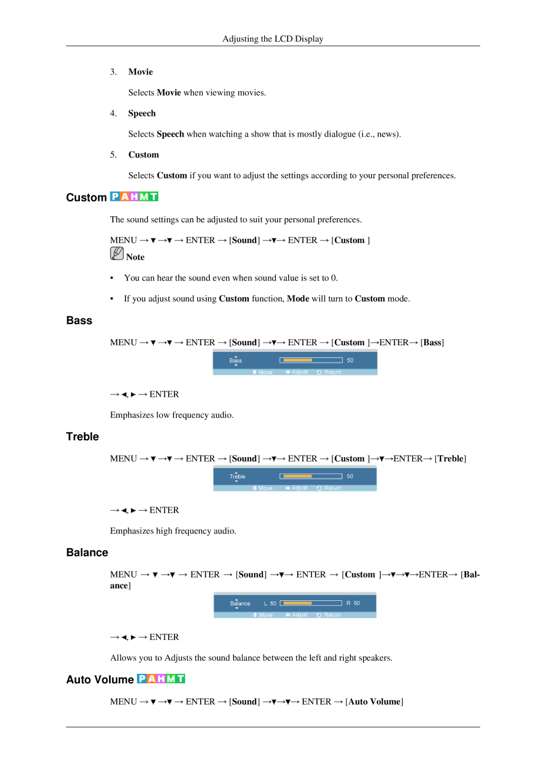 Samsung 460MXN, 400MXN user manual Bass, Treble, Balance, Auto Volume, Speech 