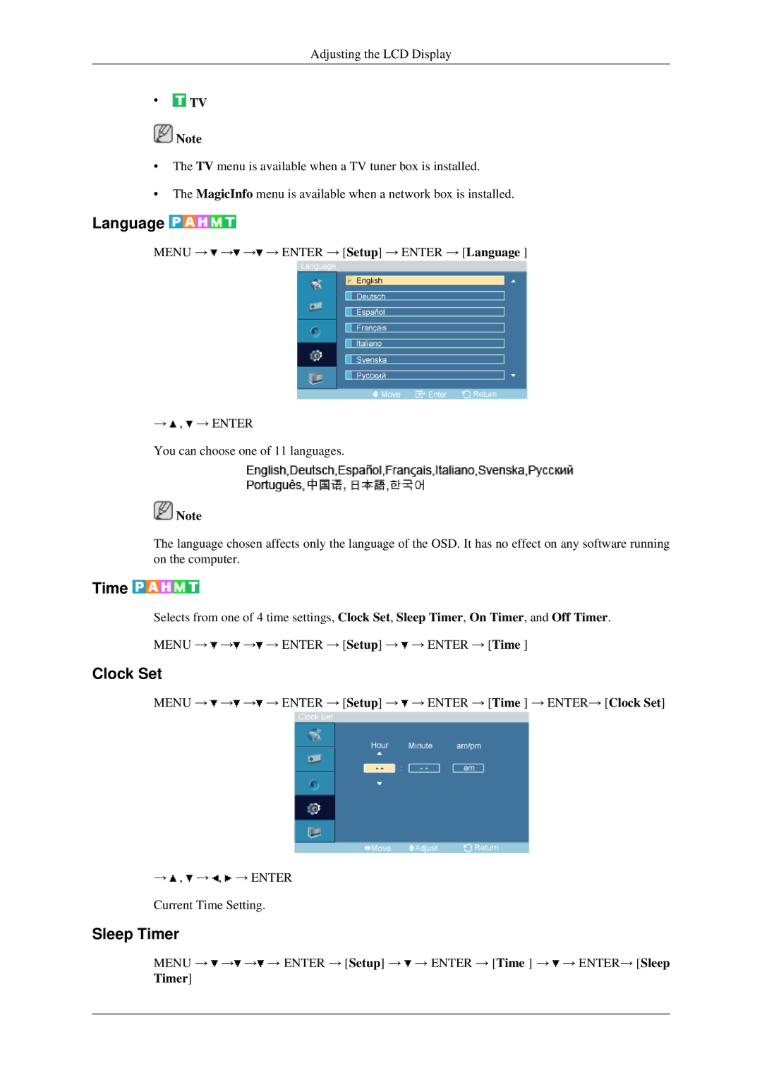 Samsung 460MXN, 400MXN user manual Language, Clock Set, Sleep Timer 