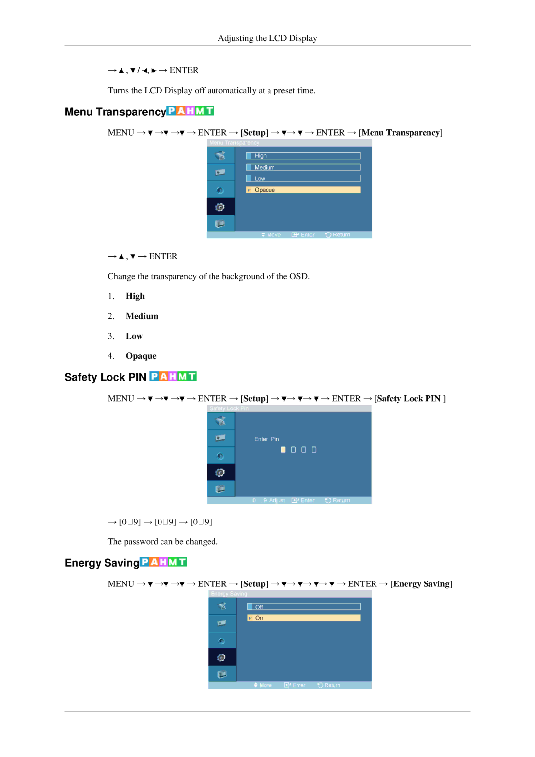 Samsung 460MXN, 400MXN user manual Menu Transparency, Safety Lock PIN, Energy Saving, High Medium Low Opaque 