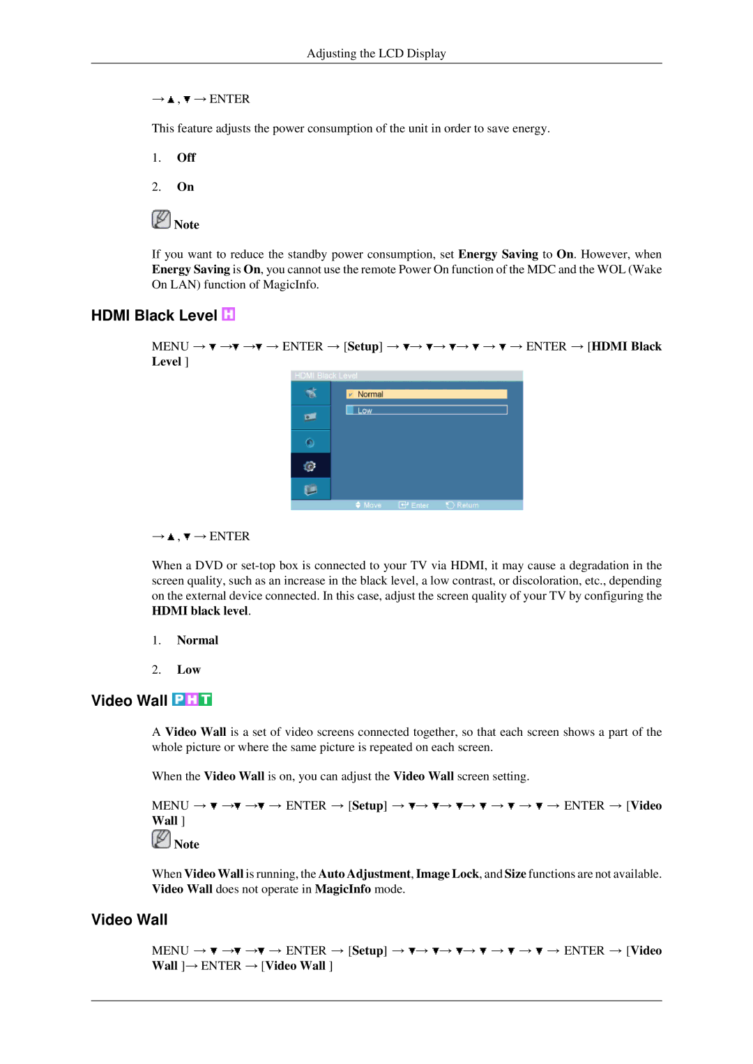 Samsung 400MXN, 460MXN user manual Hdmi Black Level, Video Wall, Normal Low 
