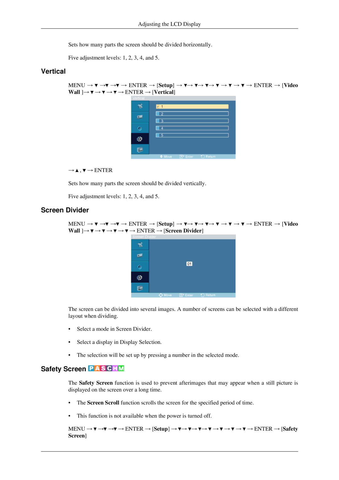 Samsung 460MXN, 400MXN user manual Vertical, Screen Divider, Safety Screen 