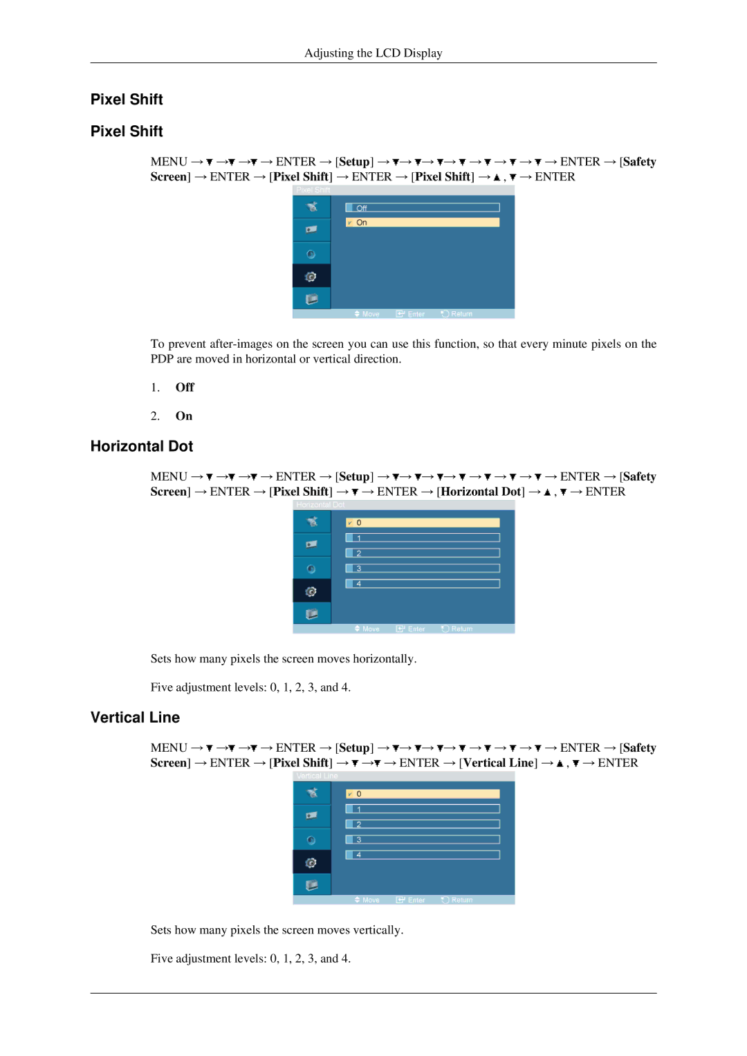 Samsung 460MXN, 400MXN user manual Pixel Shift, Horizontal Dot, Vertical Line 