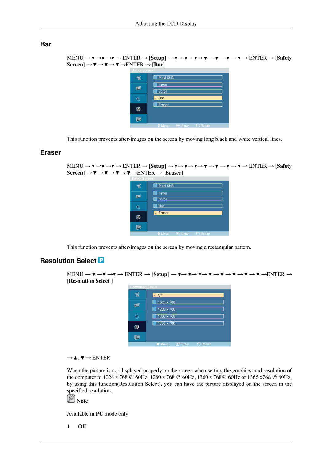 Samsung 460MXN, 400MXN user manual Bar, Eraser, Resolution Select 