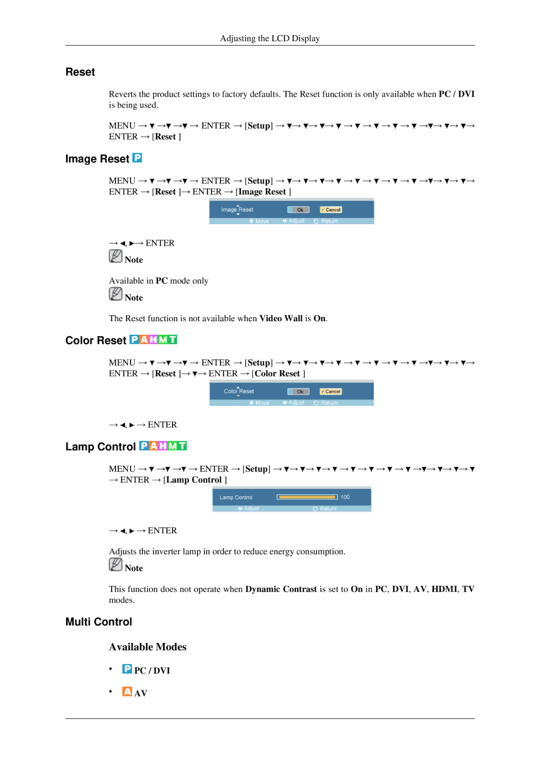 Samsung 400MXN, 460MXN user manual Image Reset, Color Reset, Lamp Control, Multi Control 