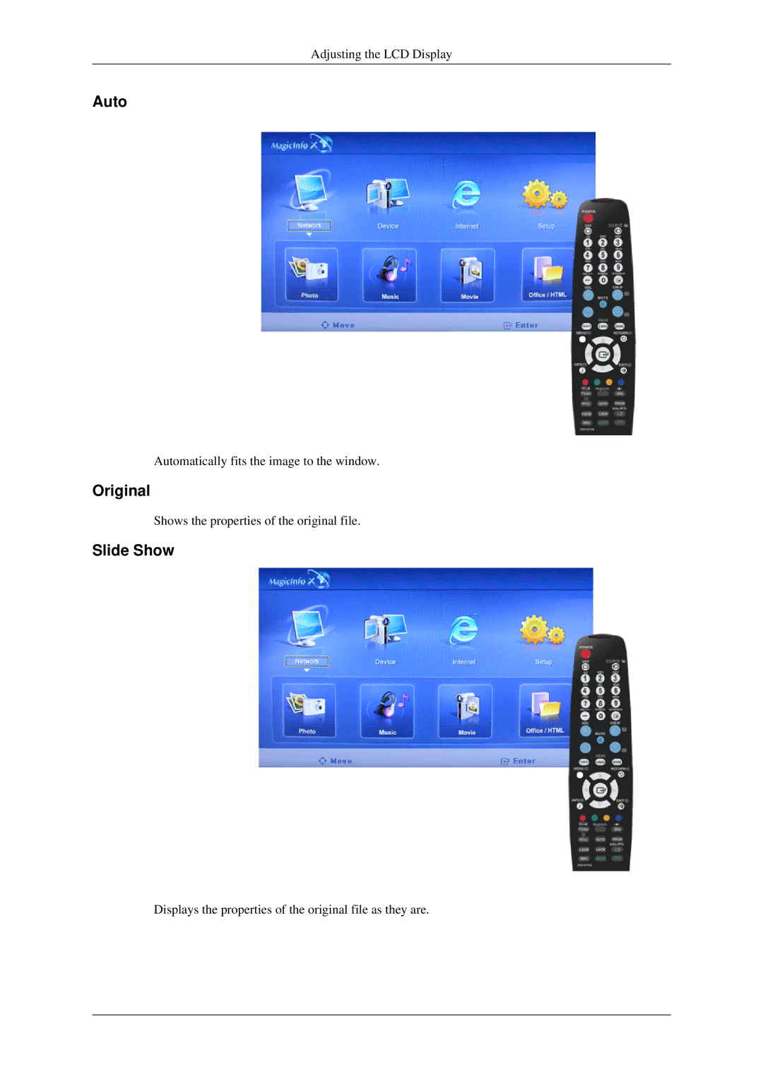 Samsung 460MXN, 400MXN user manual Auto, Original, Slide Show 