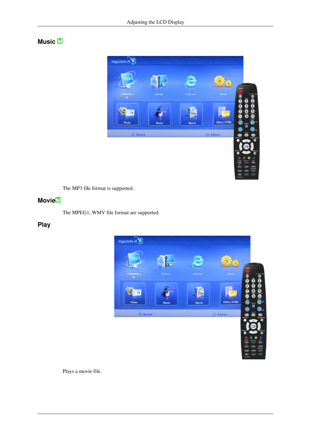 Samsung 460MXN, 400MXN user manual Music, Movie, Play 