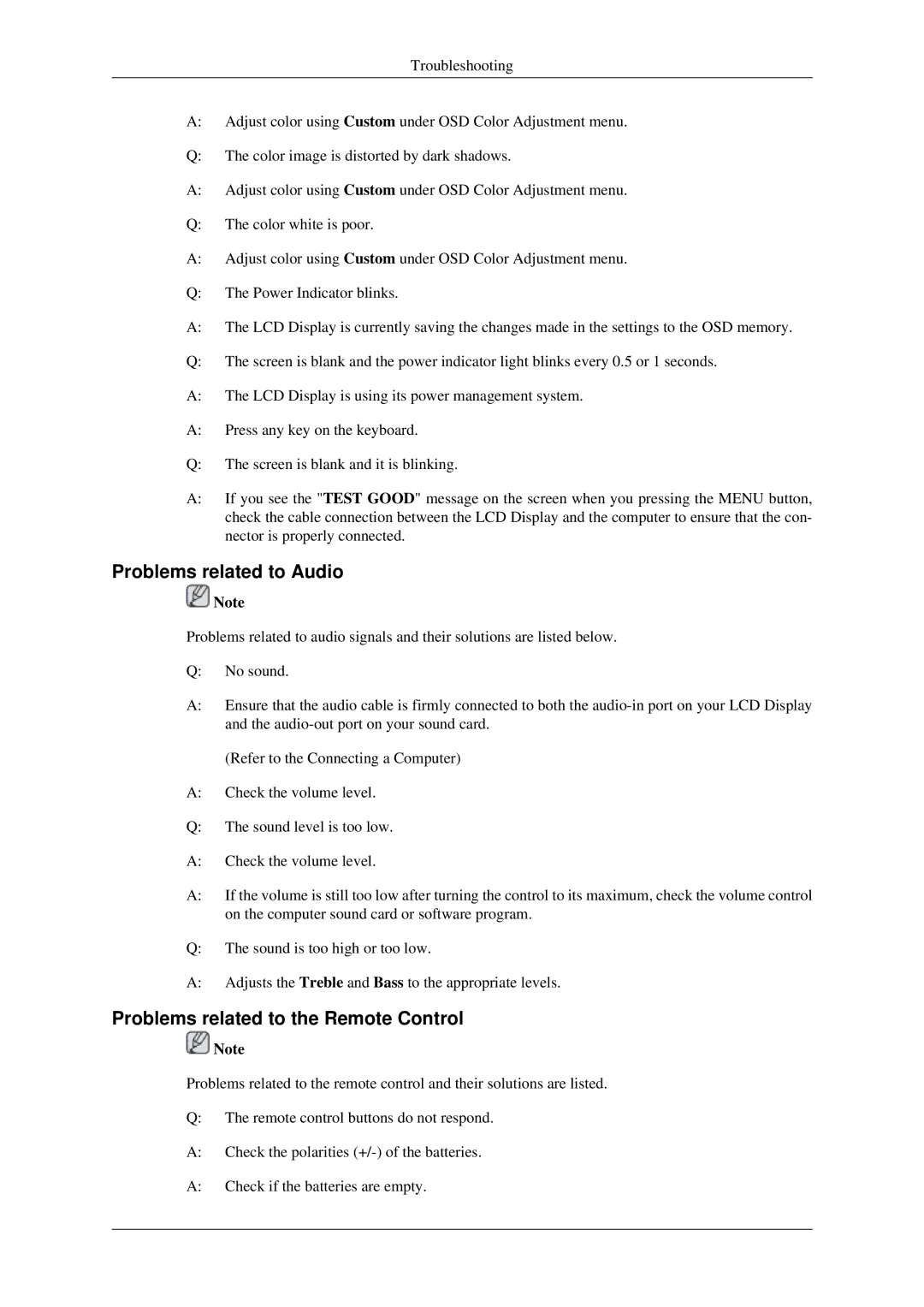 Samsung 460MXN, 400MXN user manual Problems related to Audio, Problems related to the Remote Control 