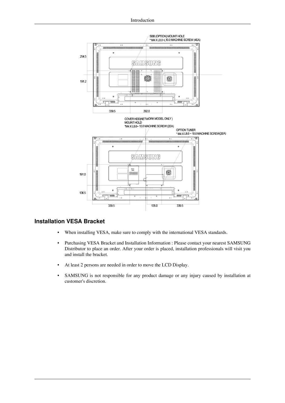 Samsung 460MXN, 400MXN user manual Installation Vesa Bracket 