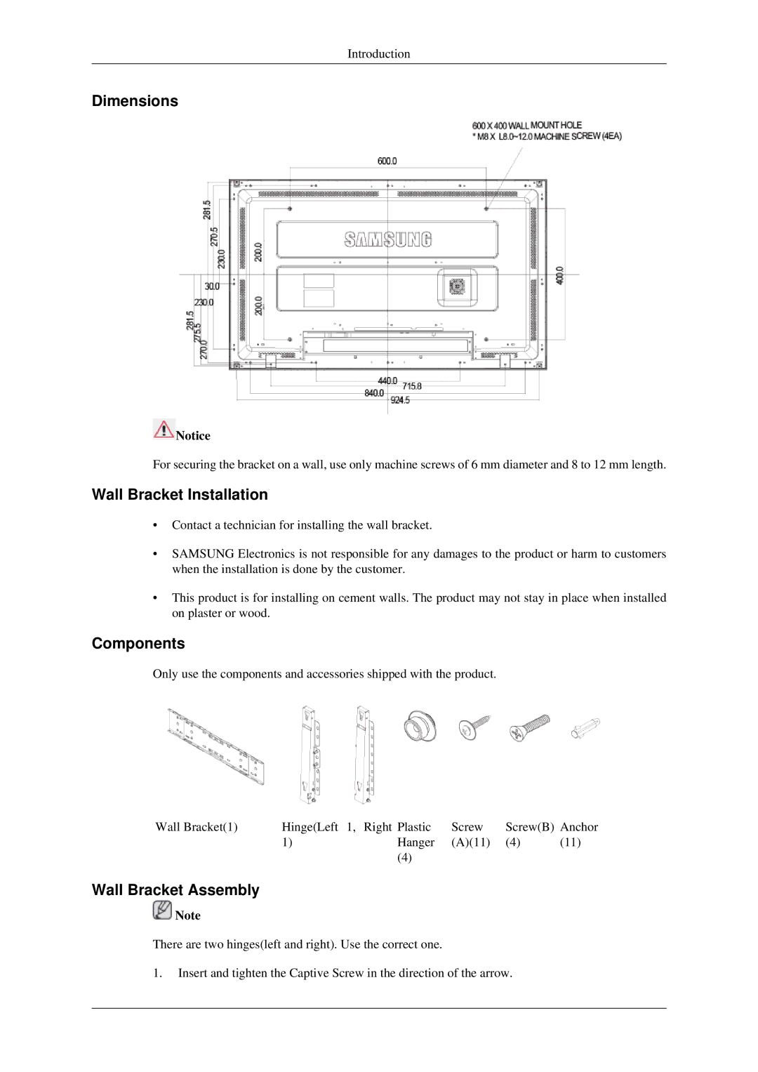 Samsung 460MXN, 400MXN user manual Dimensions, Wall Bracket Installation, Components, Wall Bracket Assembly 