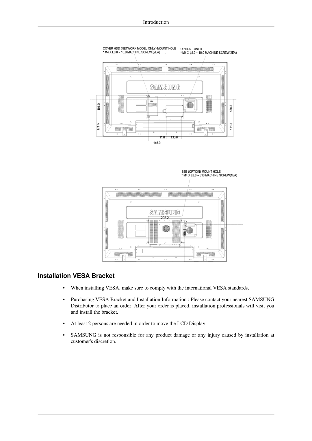 Samsung 460MXN, 400MXN user manual Installation Vesa Bracket 