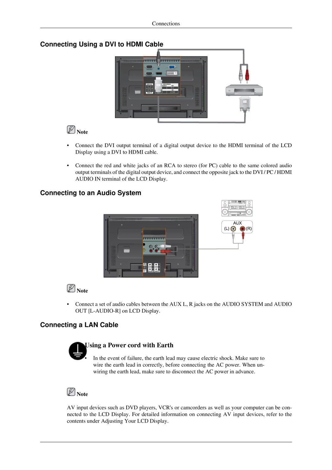 Samsung 400MXN, 460MXN Connecting Using a DVI to Hdmi Cable, Connecting to an Audio System, Connecting a LAN Cable 