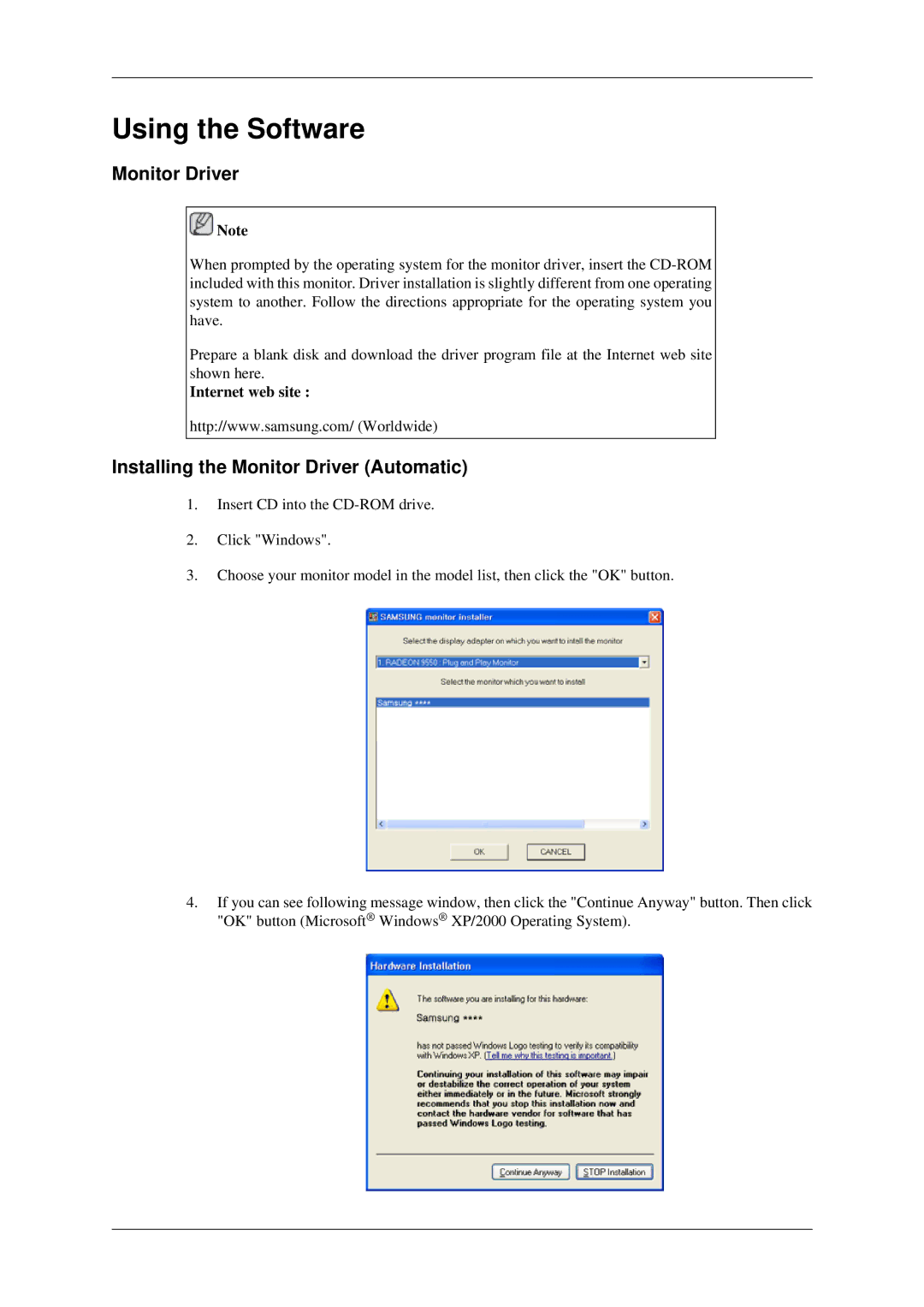 Samsung 460MXN, 400MXN user manual Installing the Monitor Driver Automatic, Internet web site 