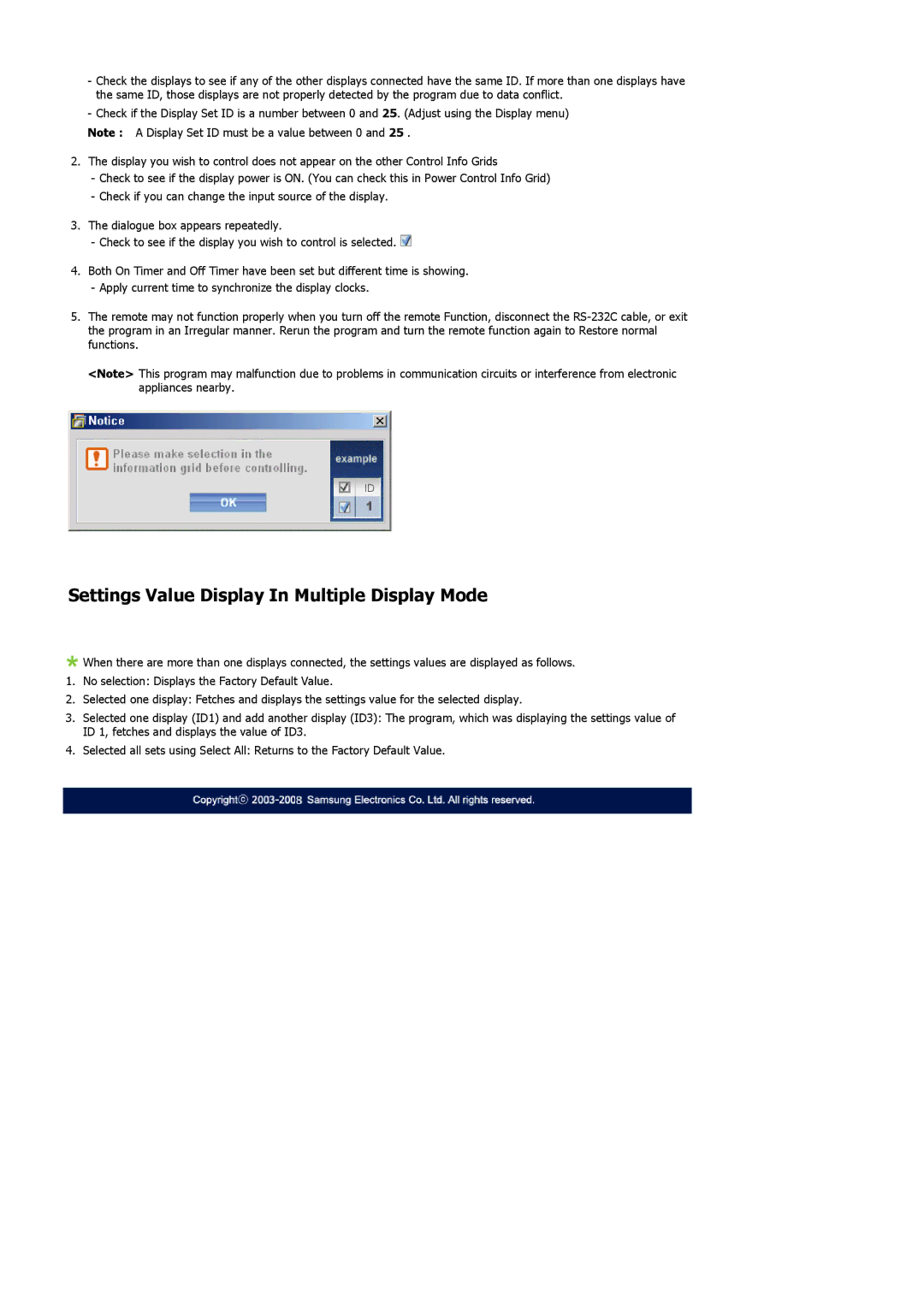 Samsung 400MXN, 460MXN user manual Settings Value Display In Multiple Display Mode 