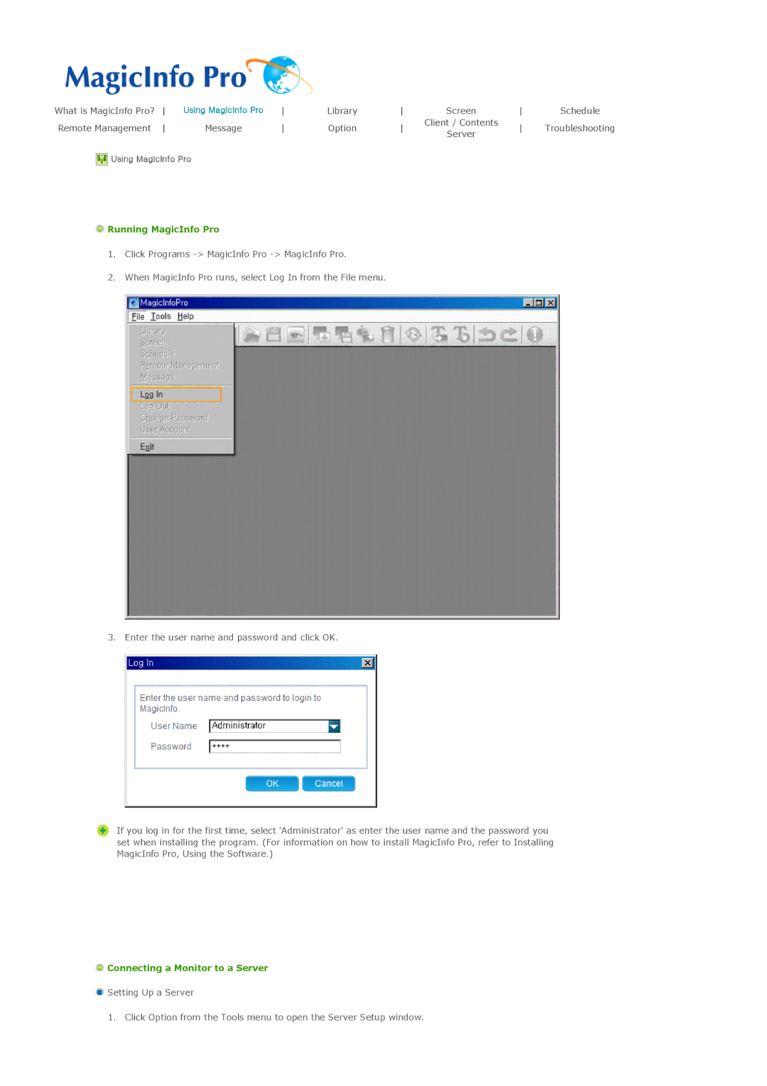 Samsung 460MXN, 400MXN user manual Running MagicInfo Pro, Connecting a Monitor to a Server 