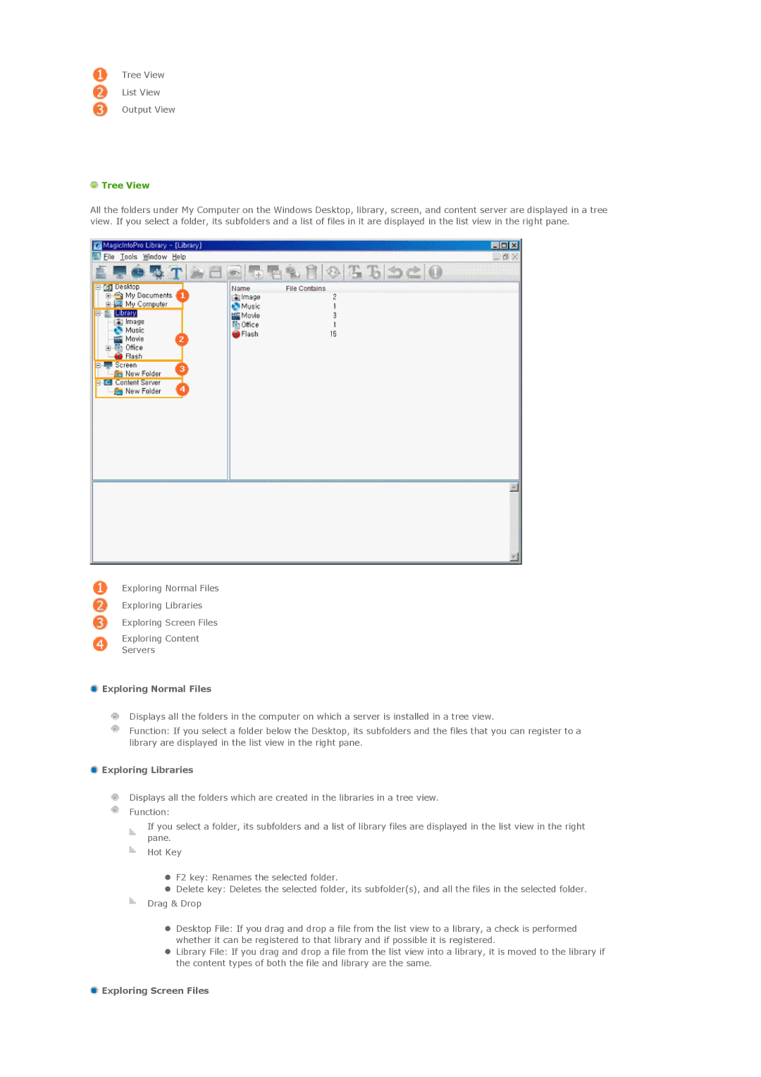 Samsung 400MXN, 460MXN user manual Tree View, Exploring Normal Files, Exploring Libraries, Exploring Screen Files 