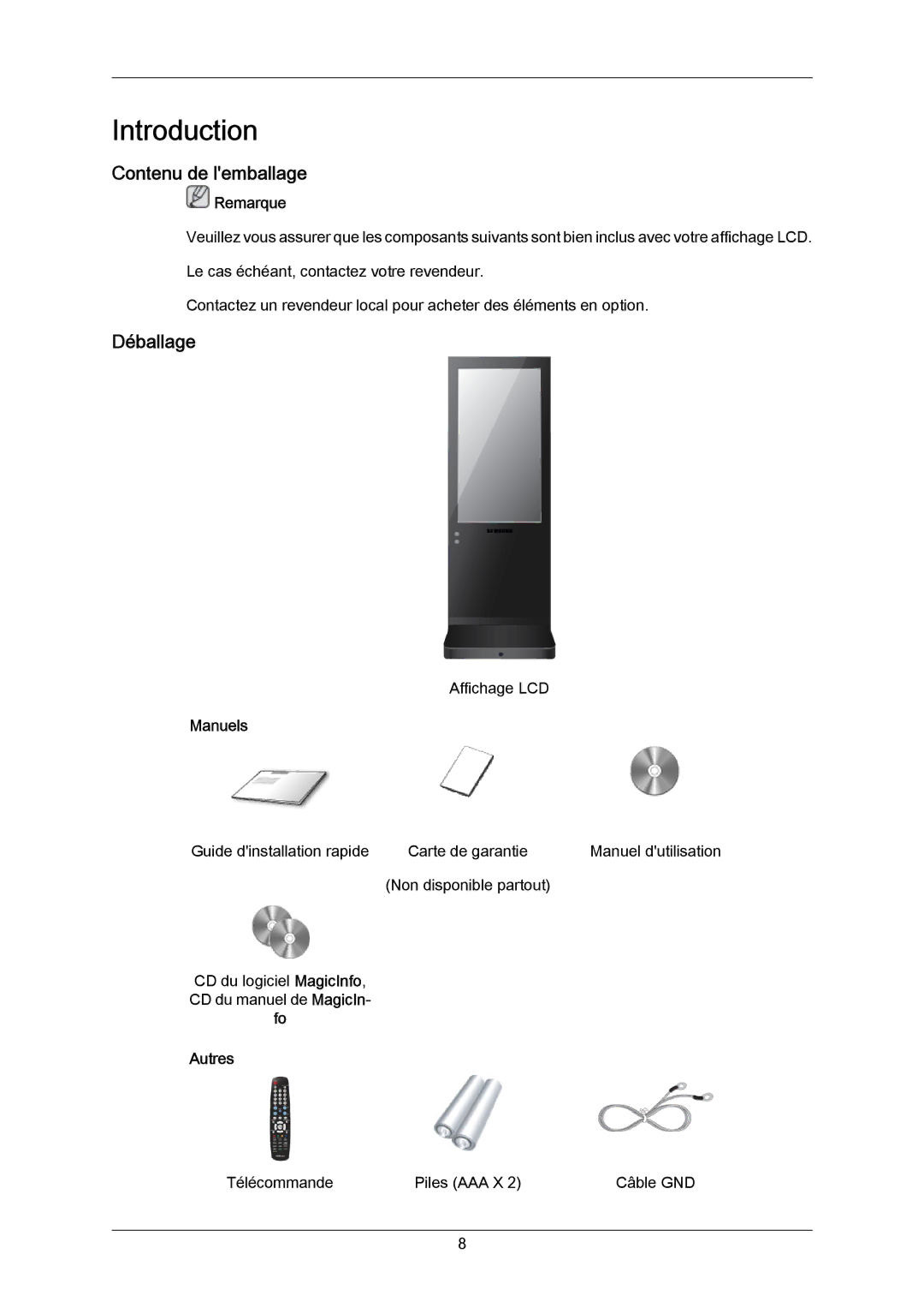 Samsung 460TMn quick start Contenu de lemballage, Déballage, Remarque, Manuels, Autres 