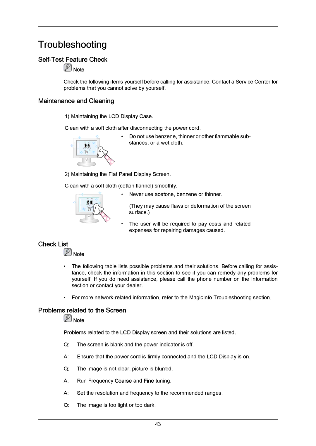 Samsung 460TMn quick start Self-Test Feature Check, Maintenance and Cleaning, Check List, Problems related to the Screen 