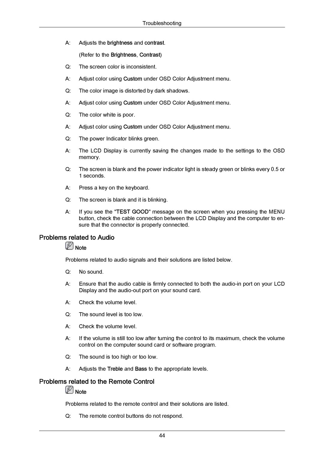 Samsung 460TMn quick start Problems related to Audio, Problems related to the Remote Control 