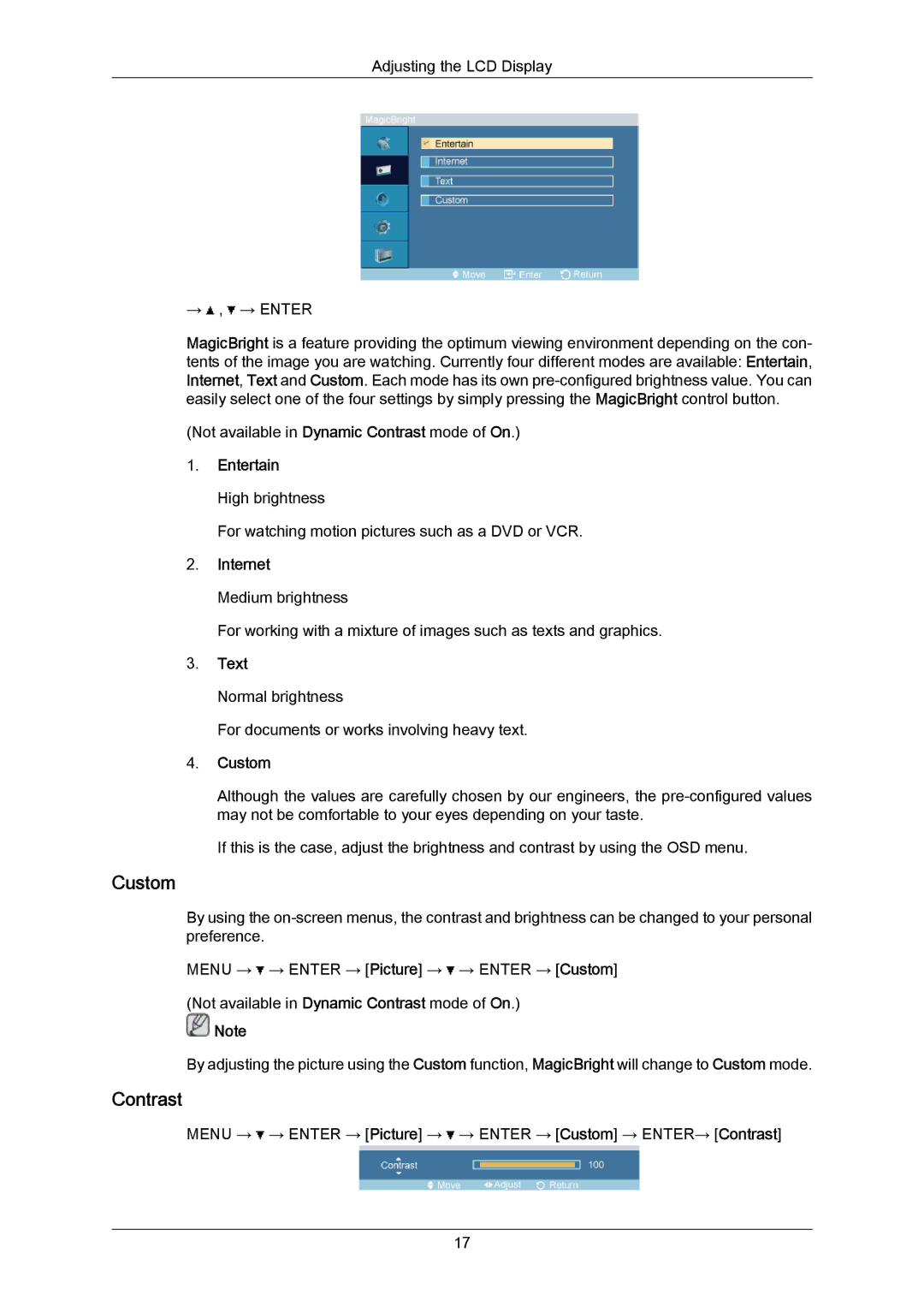 Samsung 460TMn user manual Custom, Contrast 