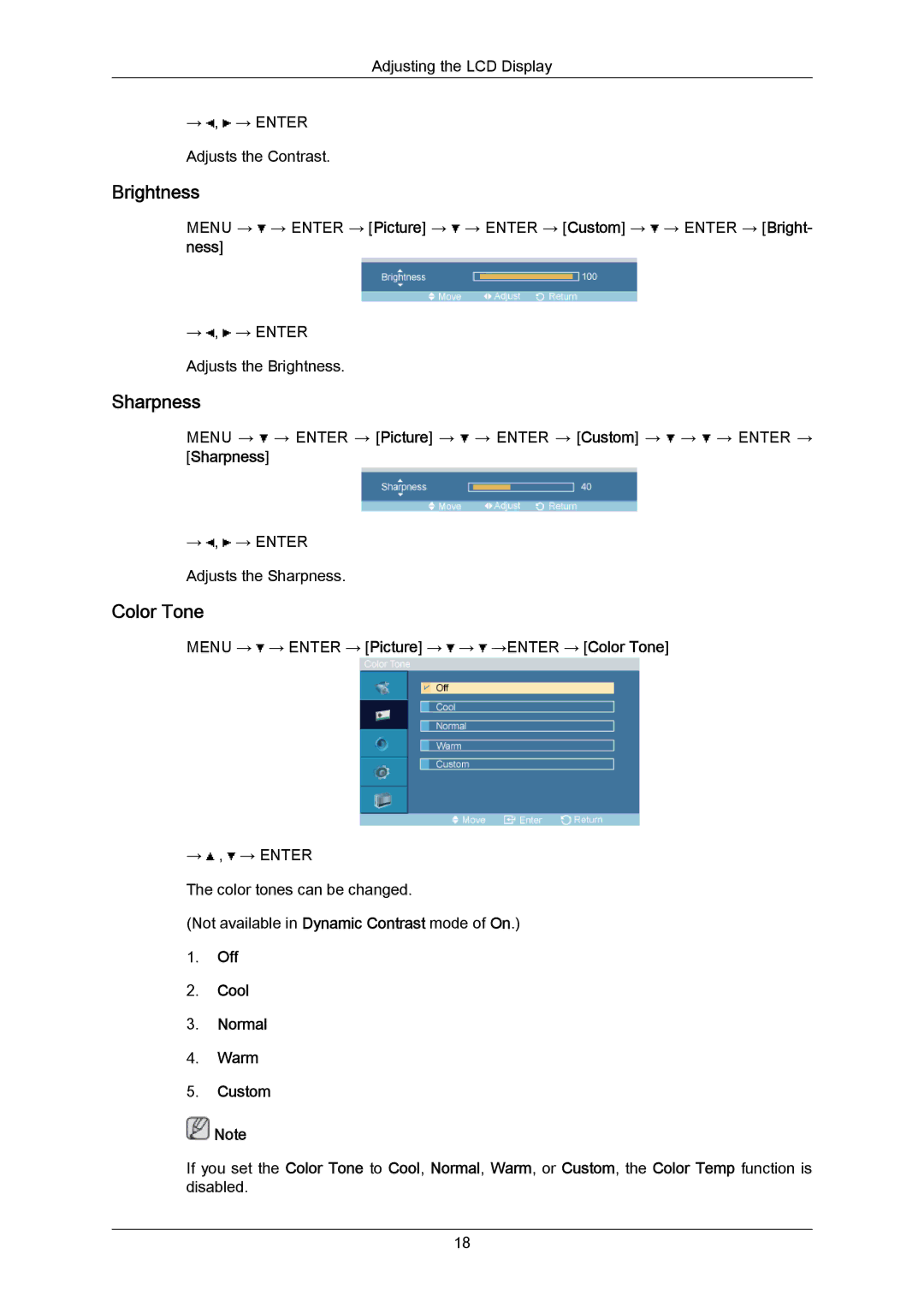 Samsung 460TMn user manual Brightness, Sharpness, Color Tone, Off Cool Normal Warm Custom 