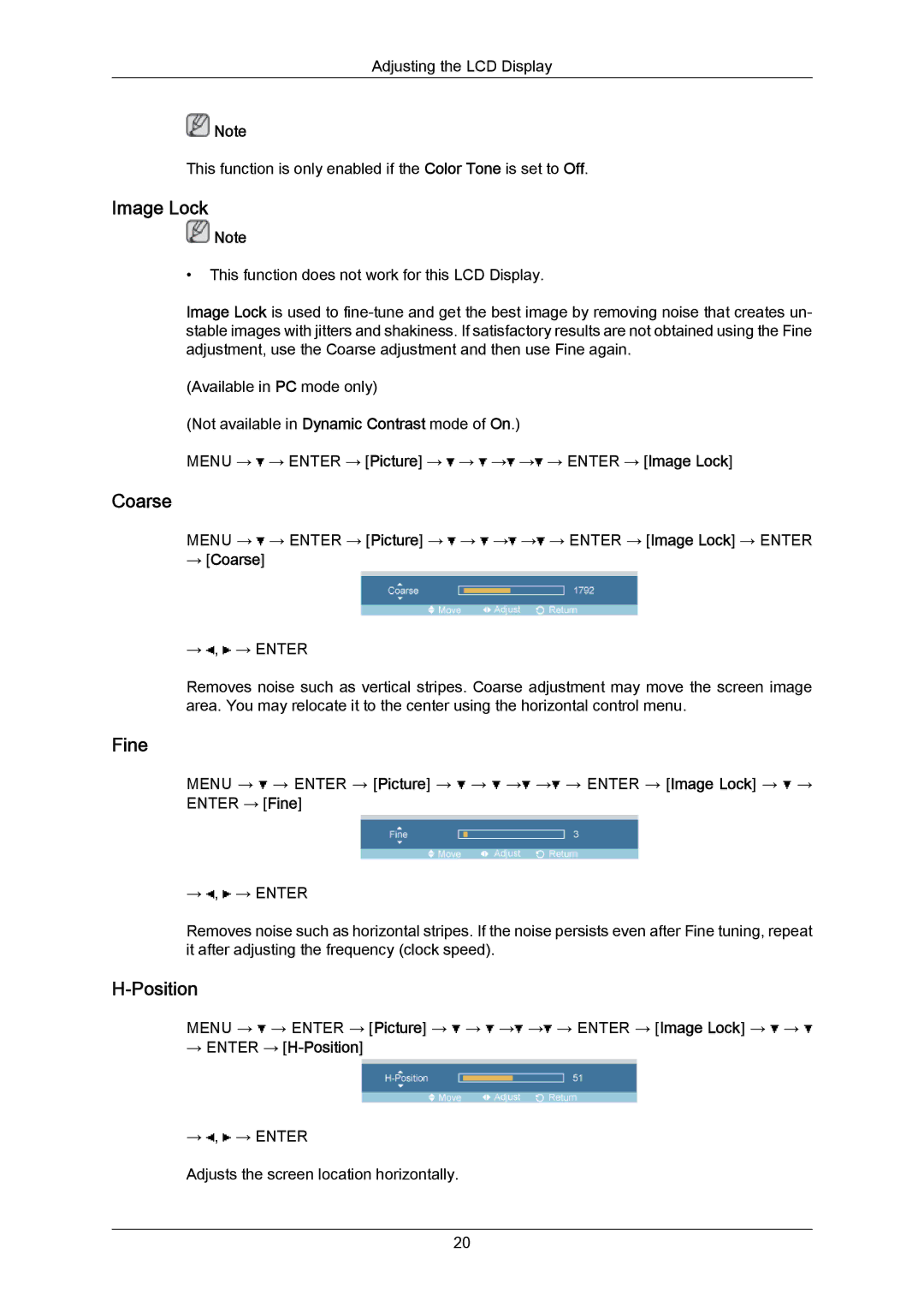 Samsung 460TMn user manual Image Lock, Coarse, Fine, Position 