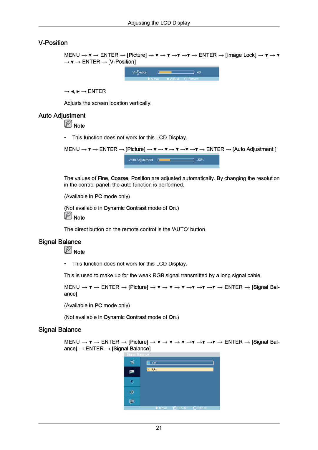 Samsung 460TMn user manual Auto Adjustment, Signal Balance, → → Enter → V-Position 