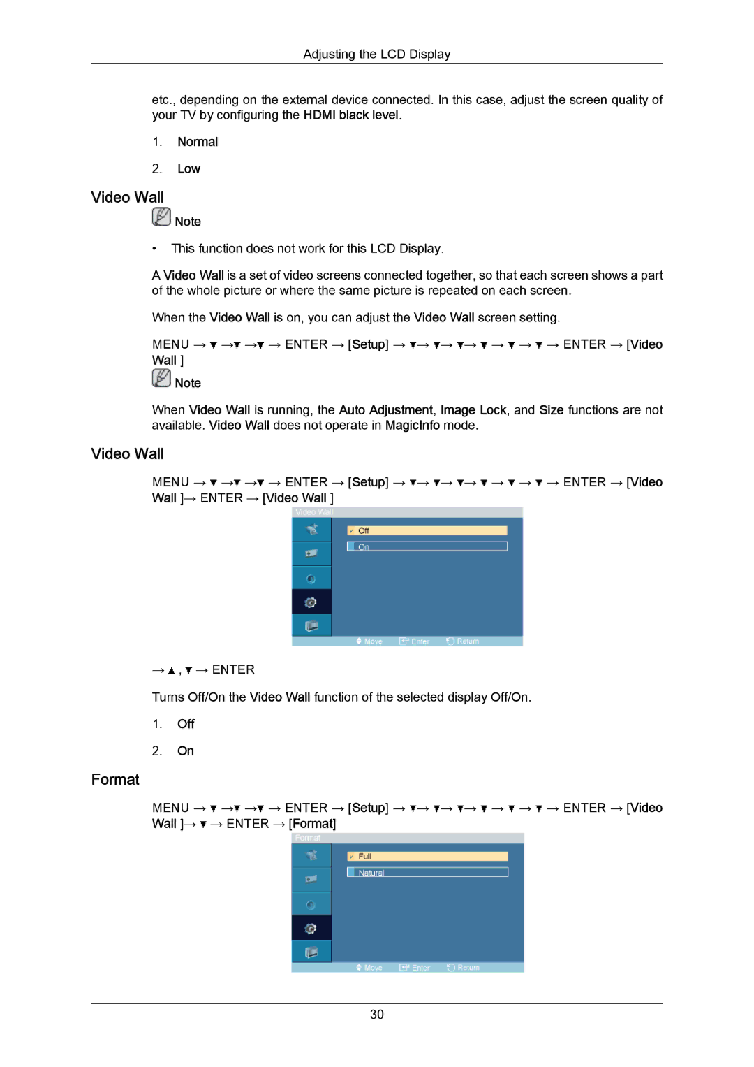 Samsung 460TMn user manual Video Wall, Format, Normal Low 