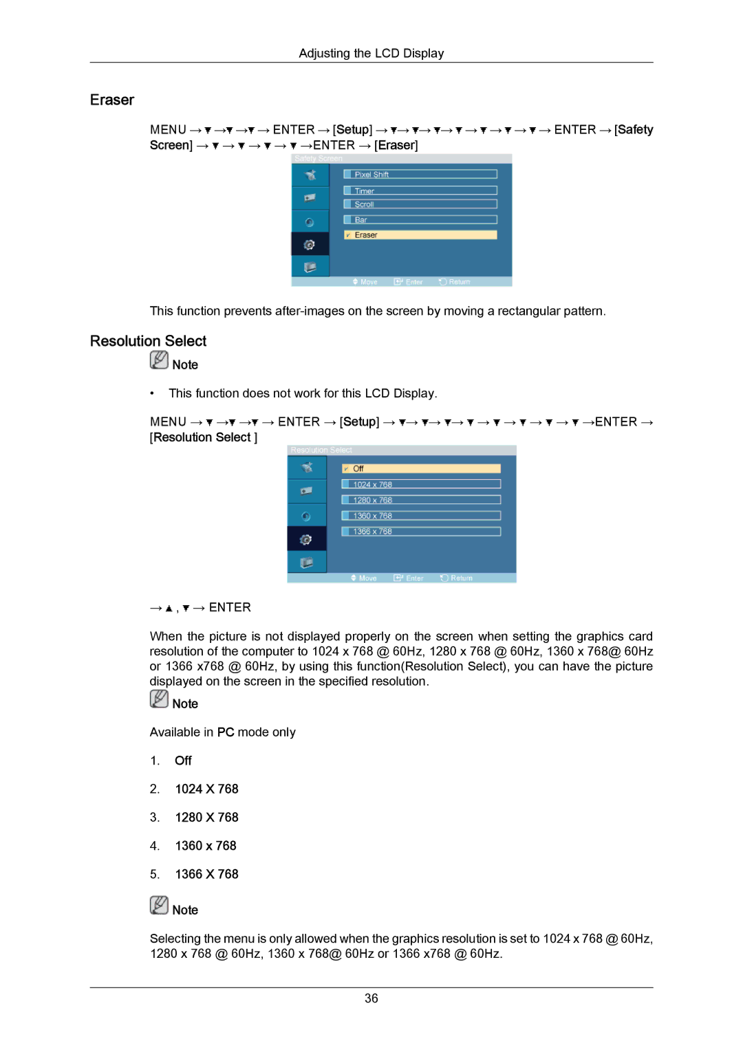 Samsung 460TMn user manual Eraser, Resolution Select, Off 1024 X 1280 X 1360 x 1366 X 