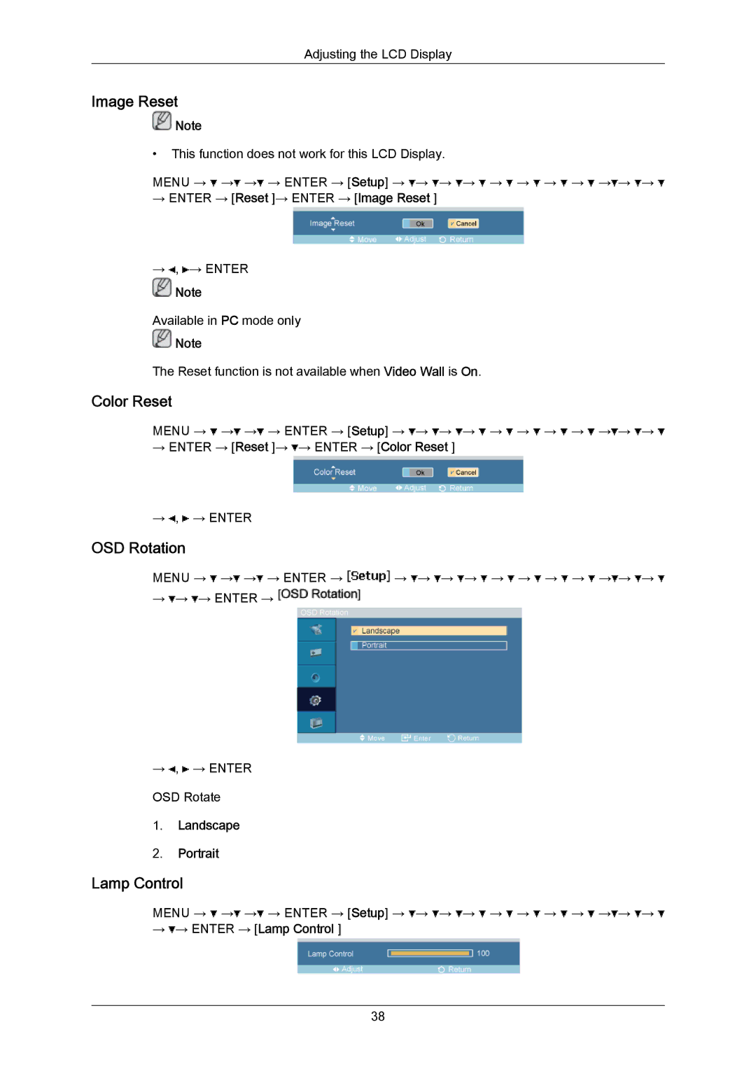 Samsung 460TMn user manual Image Reset, Color Reset, OSD Rotation, Lamp Control 