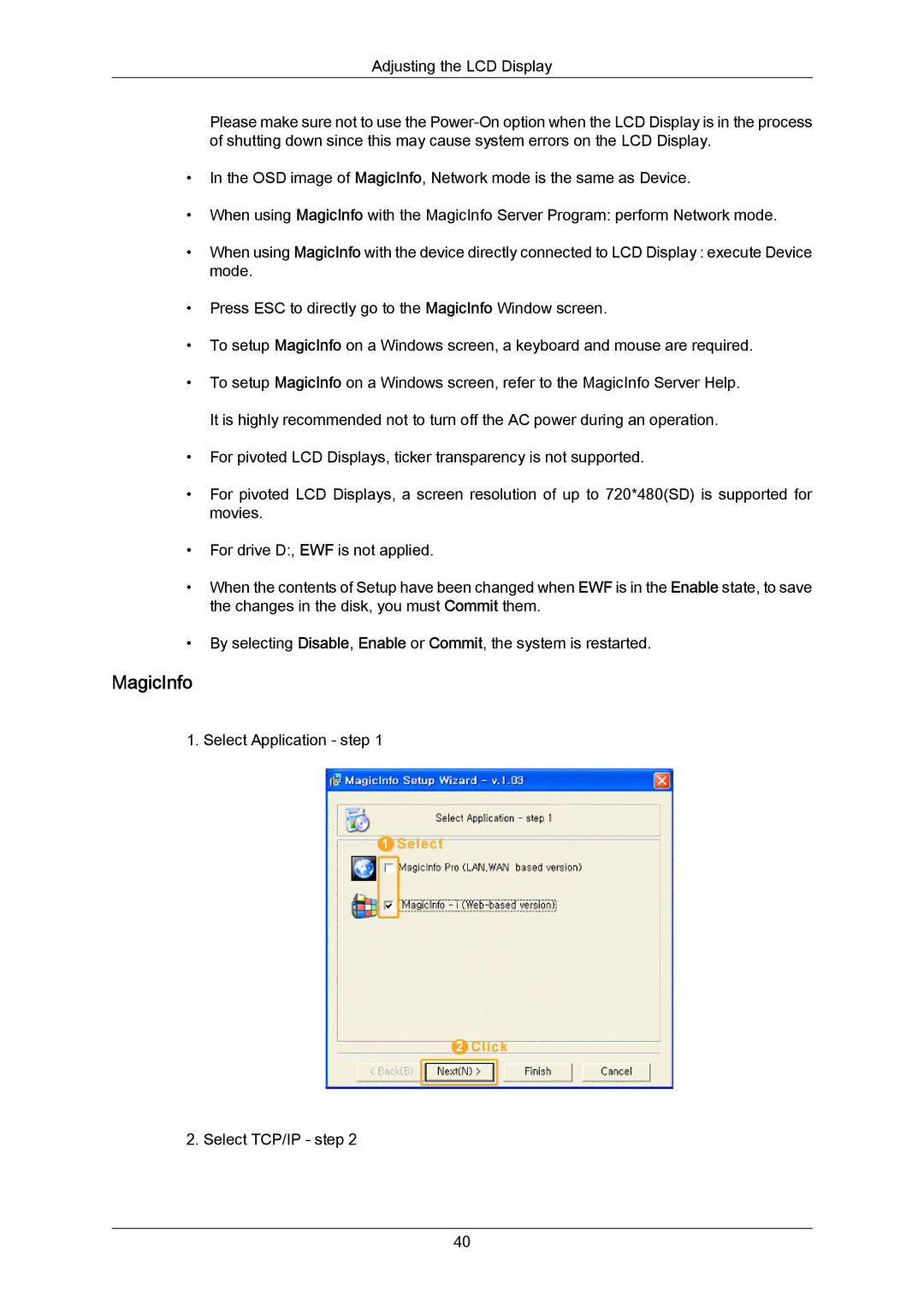 Samsung 460TMn user manual Select Application step Select TCP/IP step 