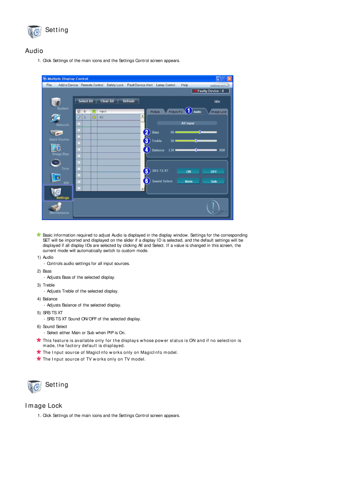 Samsung 400TS-3, 460TS-3, SL46B user manual Setting Audio, Setting Image Lock 