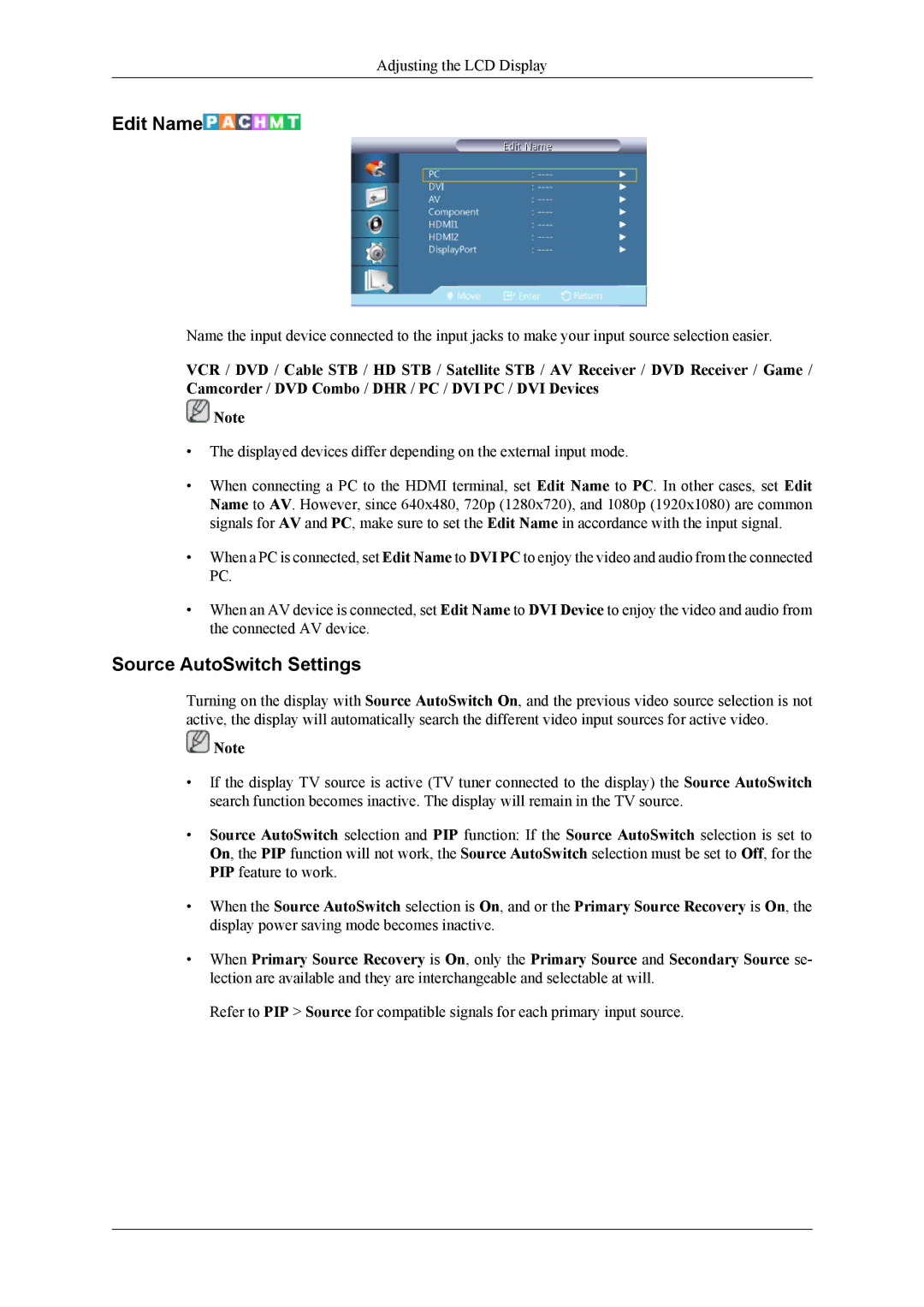 Samsung SL46B, 460TS-3, 400TS-3 user manual Edit Name, Source AutoSwitch Settings 