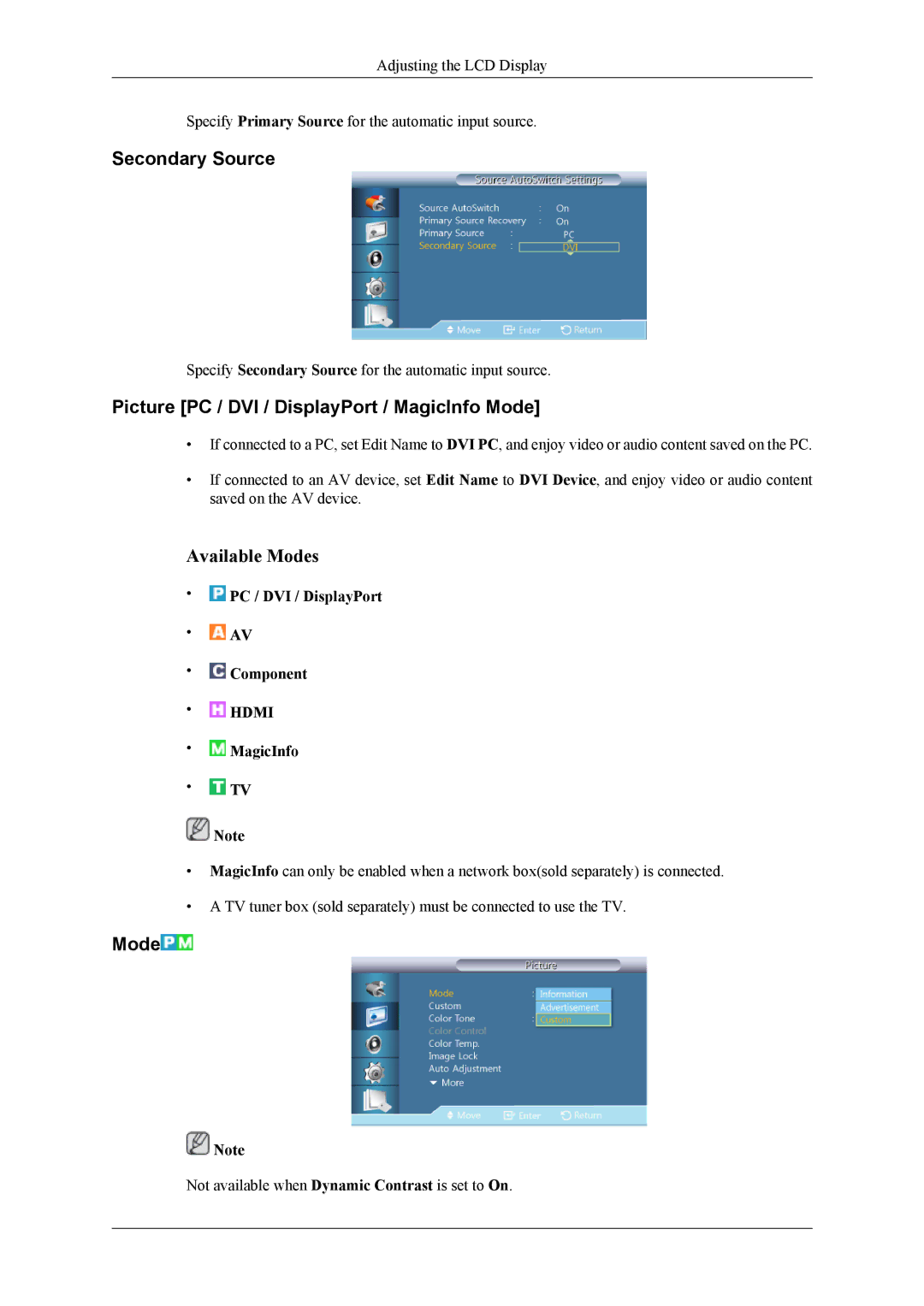 Samsung 400TS-3, 460TS-3, SL46B user manual Secondary Source, Picture PC / DVI / DisplayPort / MagicInfo Mode 