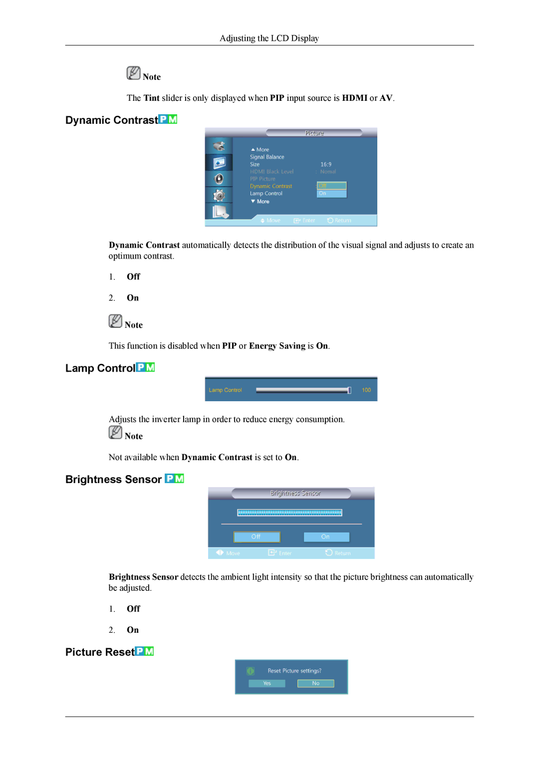 Samsung 400TS-3, 460TS-3, SL46B user manual Dynamic Contrast, Lamp Control, Brightness Sensor, Picture Reset 