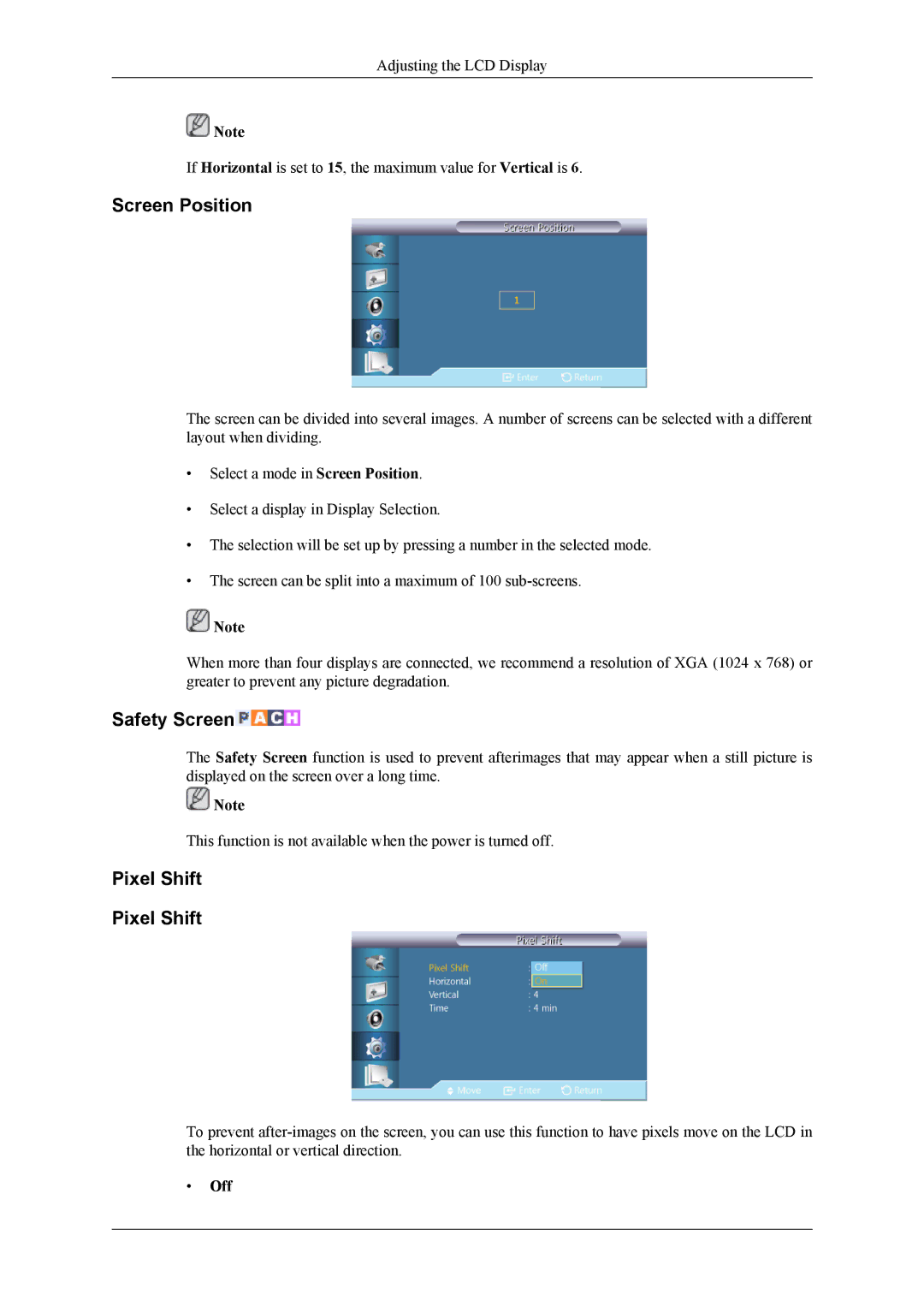 Samsung 400TS-3, 460TS-3, SL46B user manual Screen Position, Safety Screen, Pixel Shift 