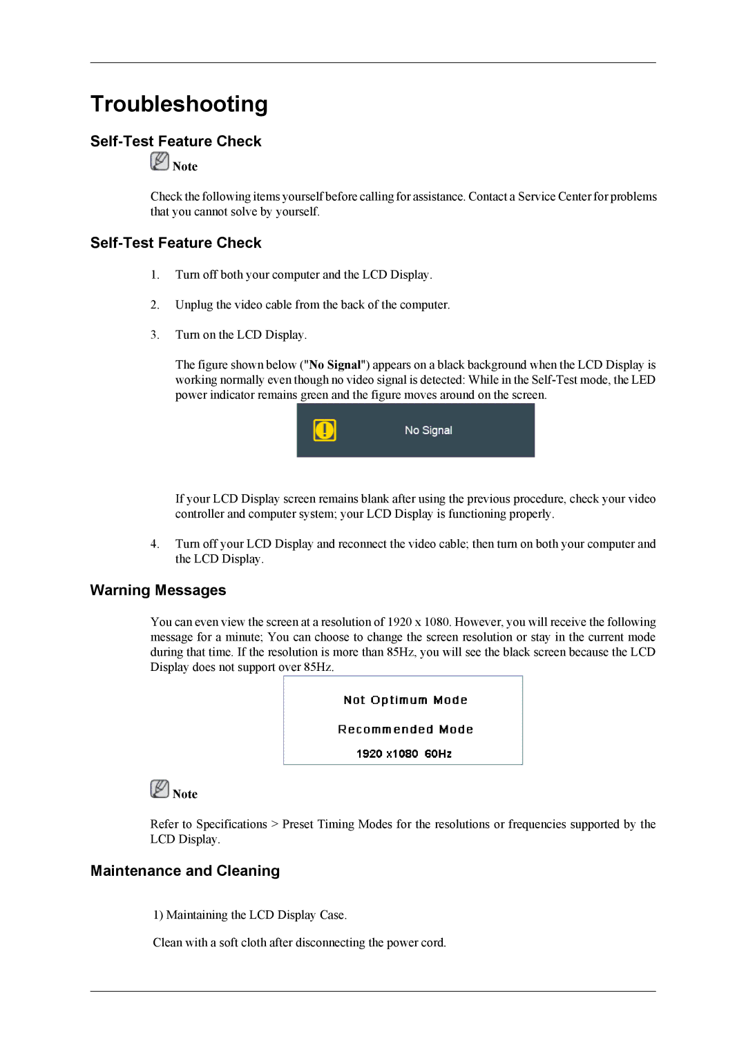 Samsung SL46B, 460TS-3, 400TS-3 user manual Self-Test Feature Check, Maintenance and Cleaning 