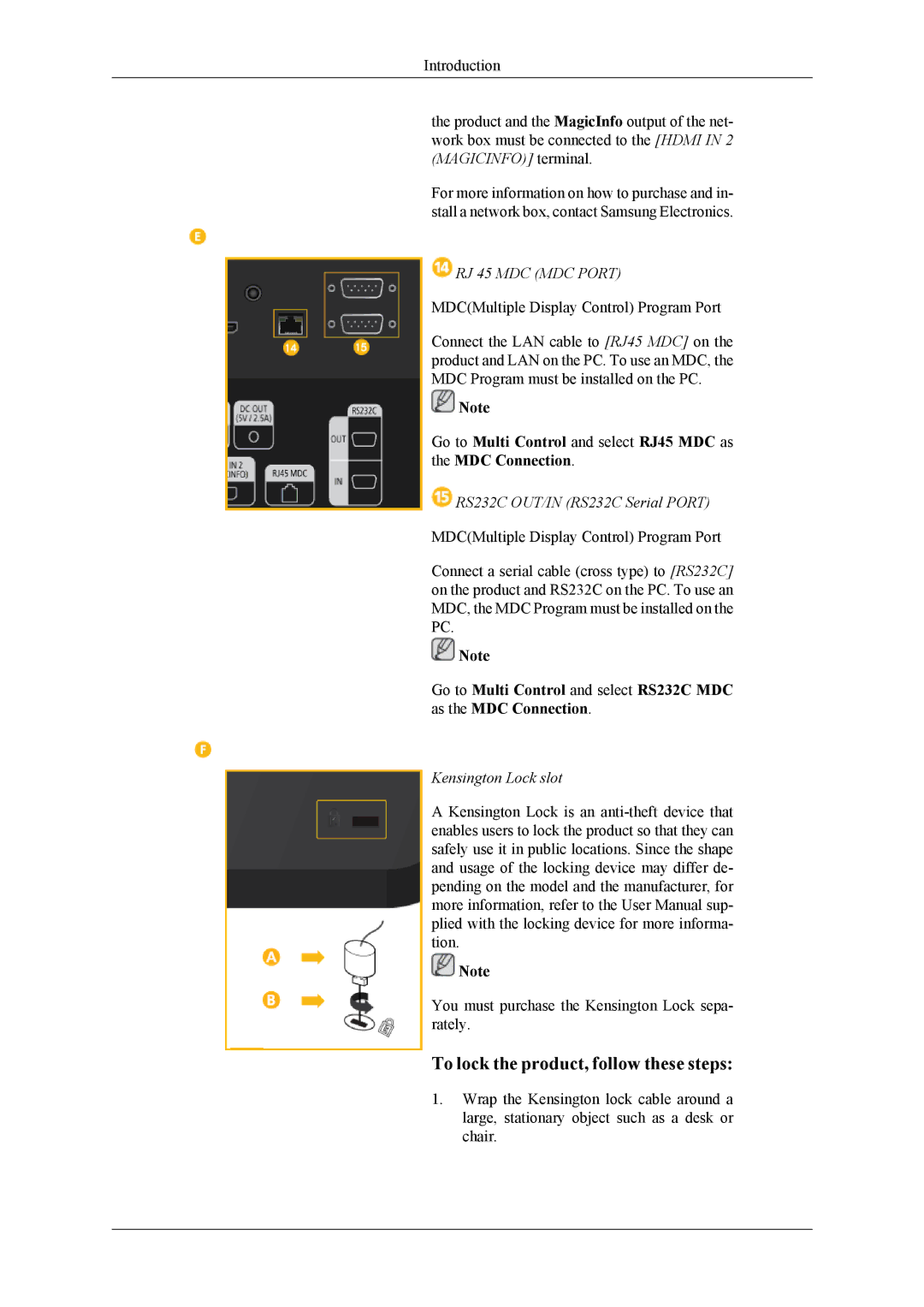 Samsung 460TS-3, 400TS-3, SL46B user manual RS232C OUT/IN RS232C Serial Port, Kensington Lock slot 