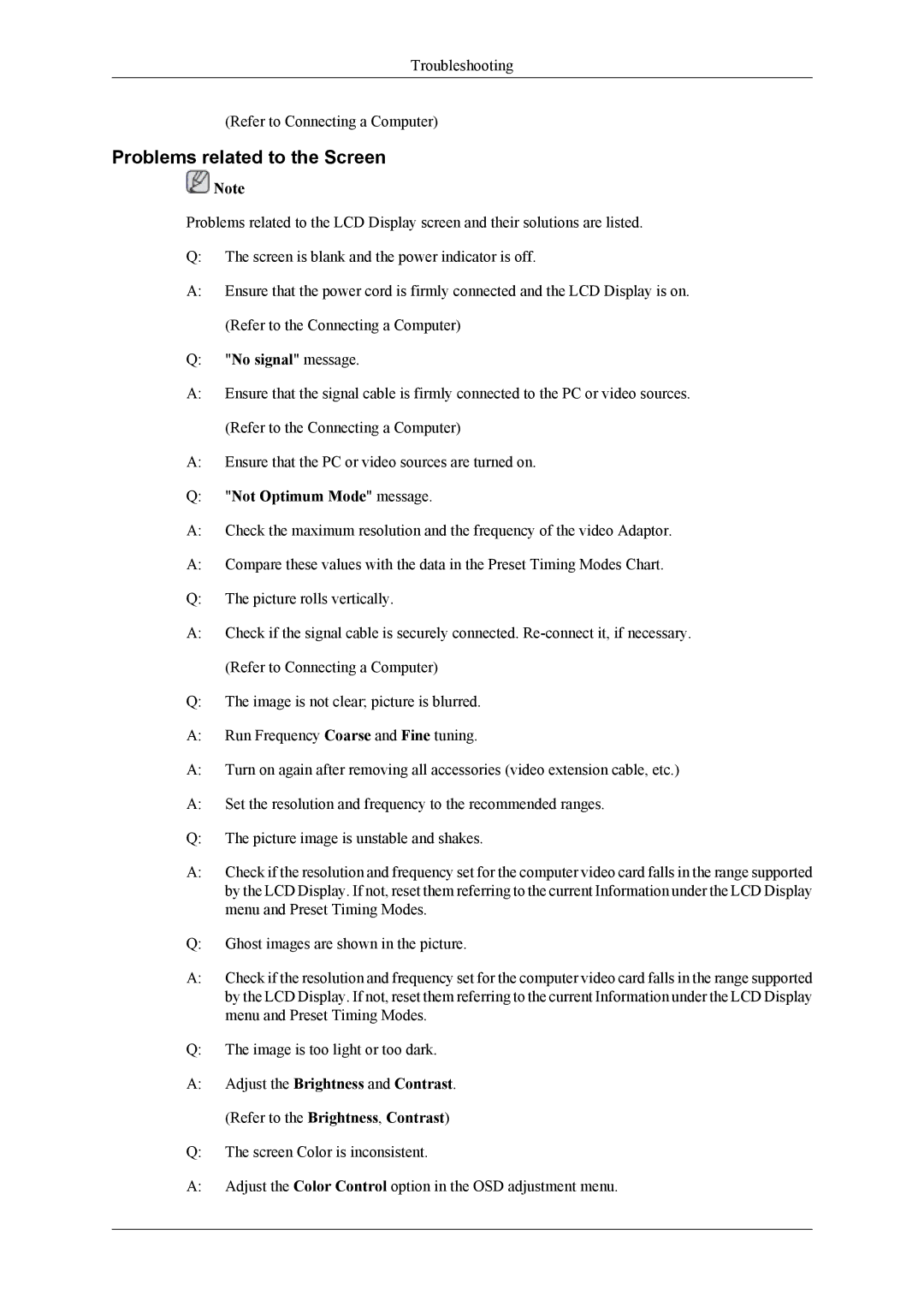 Samsung 400TS-3, 460TS-3, SL46B user manual Problems related to the Screen, Not Optimum Mode message 