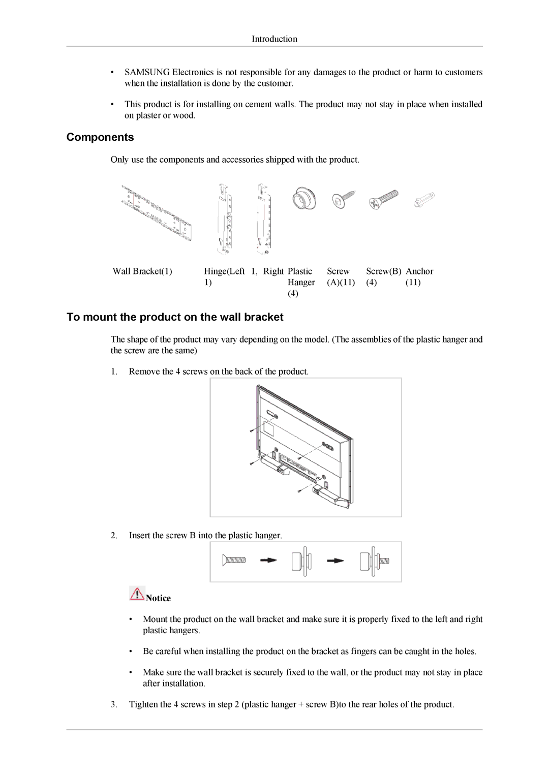 Samsung SL46B, 460TS-3, 400TS-3 user manual Components, To mount the product on the wall bracket 