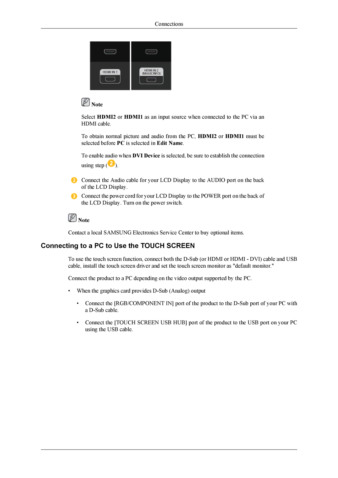 Samsung 460TS-3, 400TS-3, SL46B user manual Connecting to a PC to Use the Touch Screen 