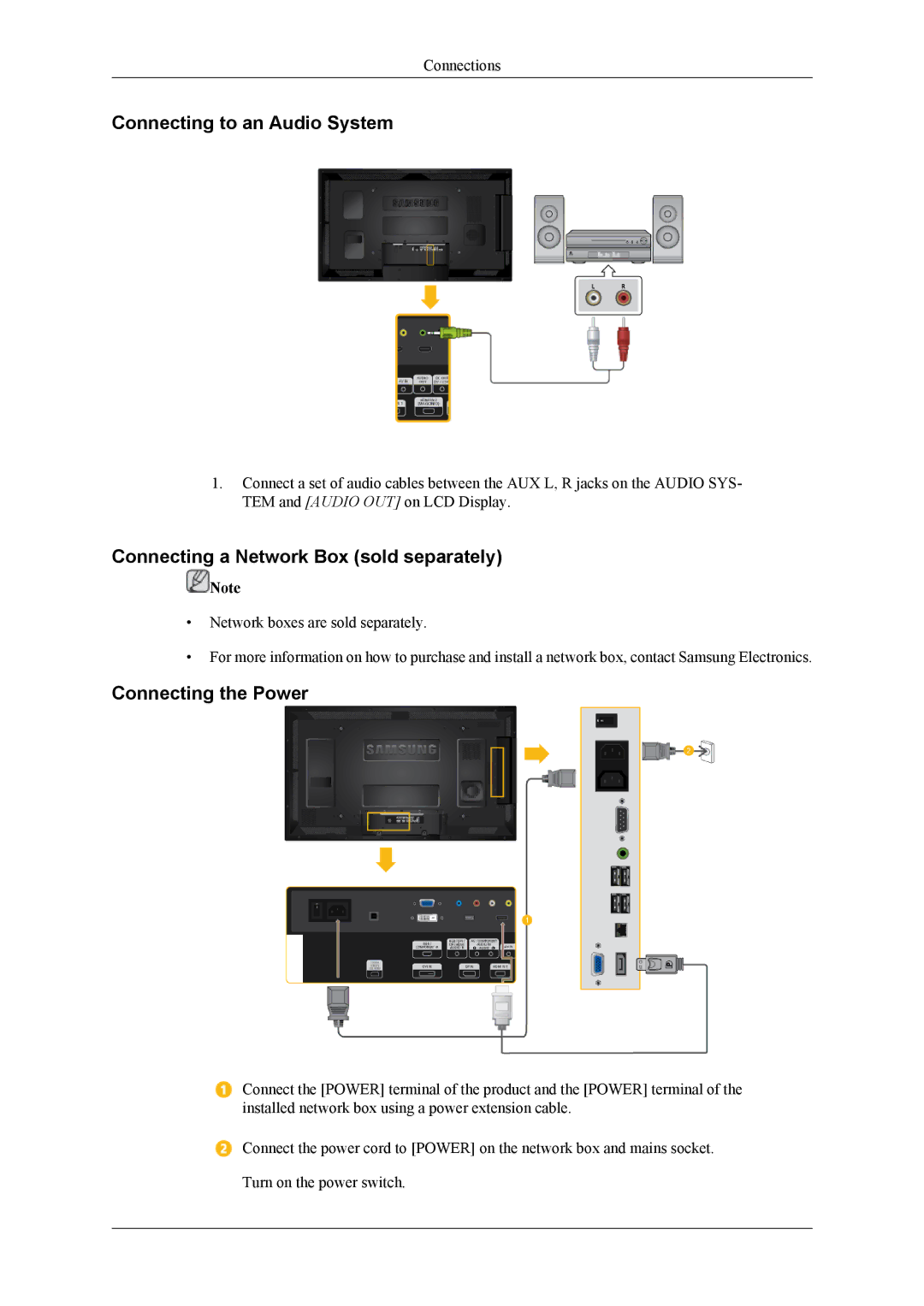 Samsung 400TS-3, 460TS-3 Connecting to an Audio System, Connecting a Network Box sold separately, Connecting the Power 