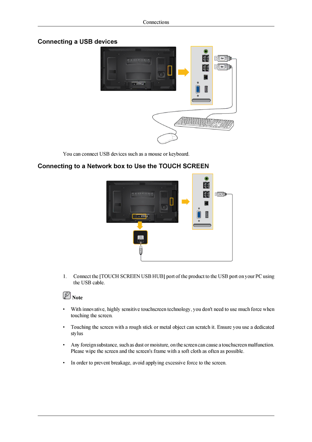 Samsung 460TS-3, 400TS-3, SL46B user manual Connecting a USB devices, Connecting to a Network box to Use the Touch Screen 